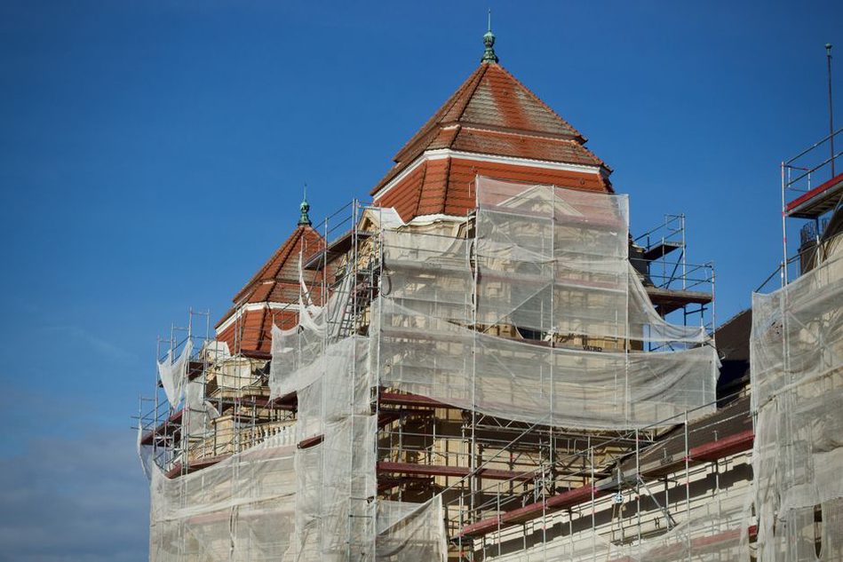 Restoration work on a historic building facade