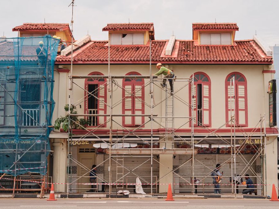 Scaffolding around a historic building during renovation