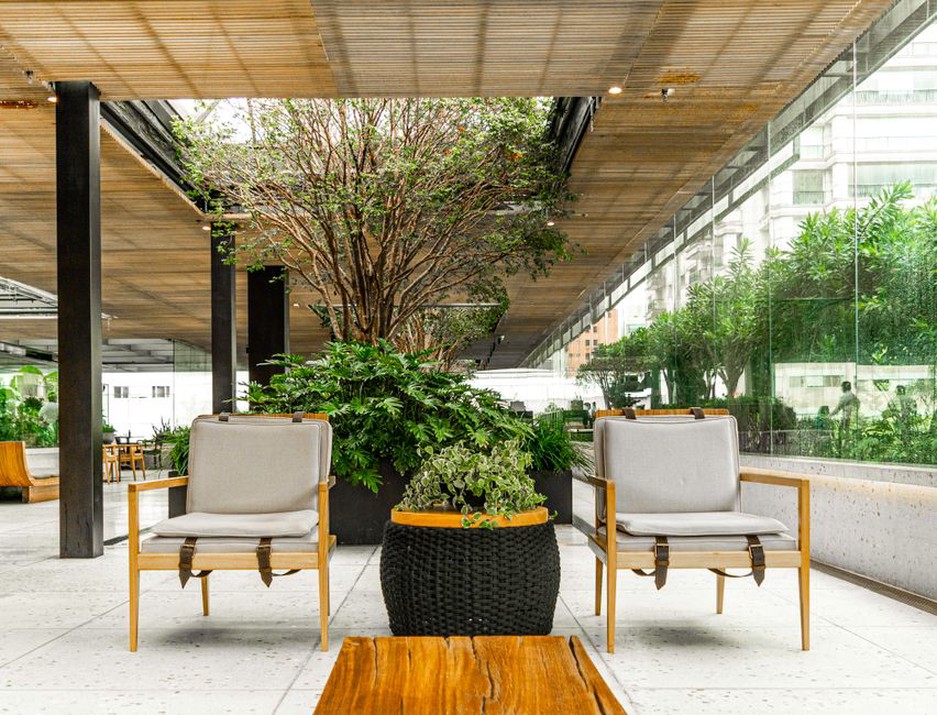 An inviting hospital courtyard with ample natural light