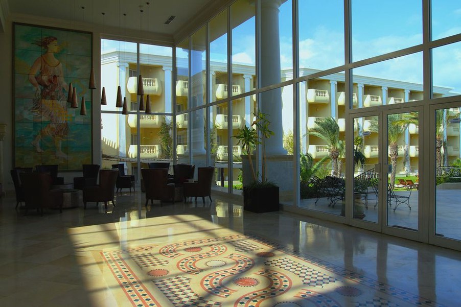 Mural brightening up a modern building lobby