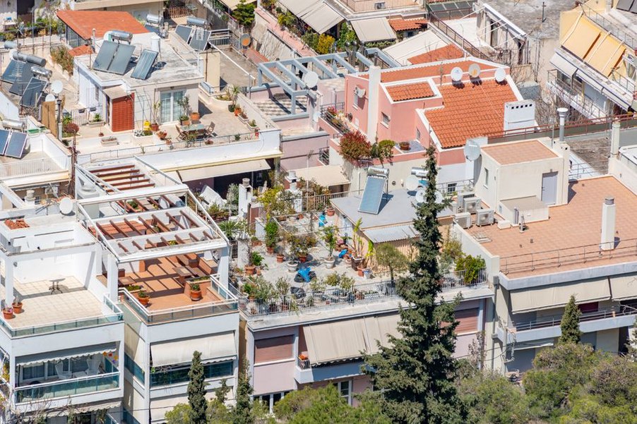 Rooftop garden overlooking a city skyline