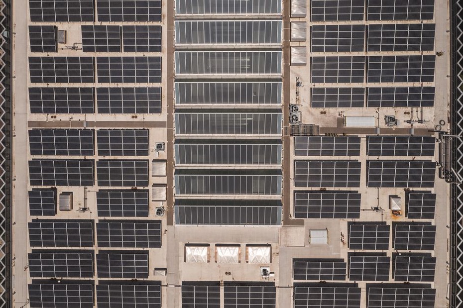 Solar panels integrated into modern rooftop design