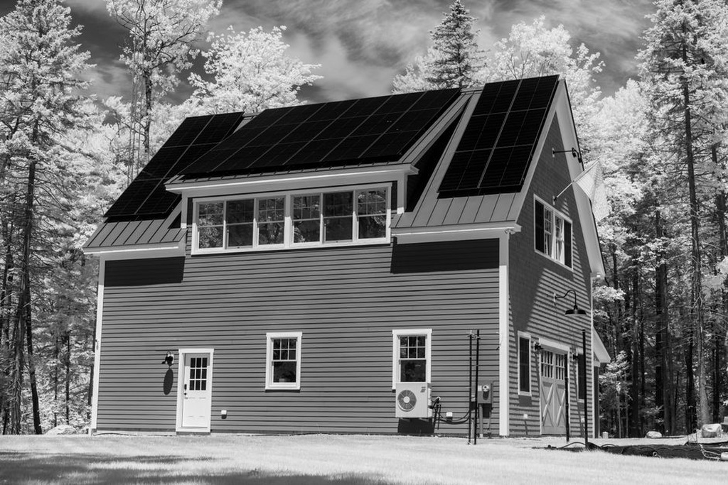 A modern home featuring sustainable design elements like solar panels