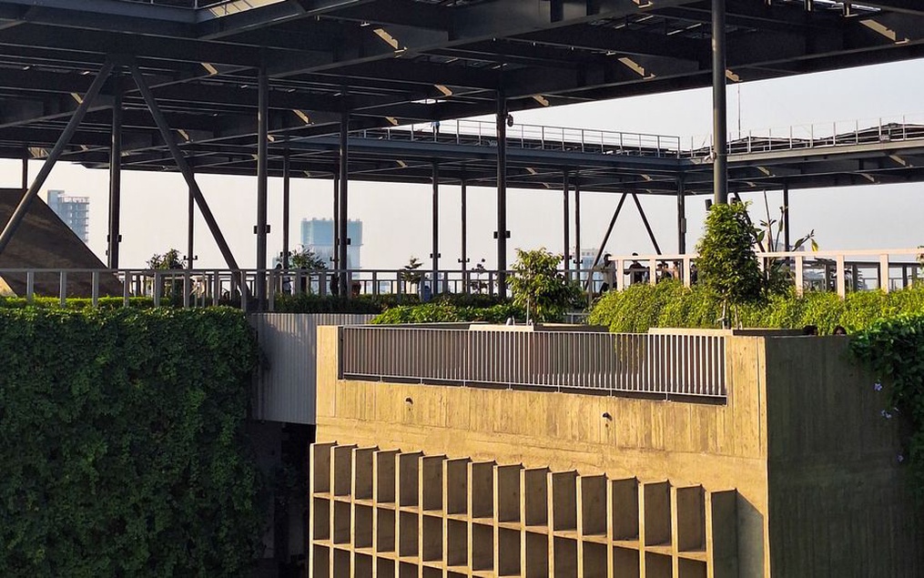 An urban landscape showcasing buildings with sustainable architecture