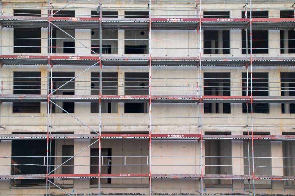 Water testing verifies seals at a curtain wall mock-up