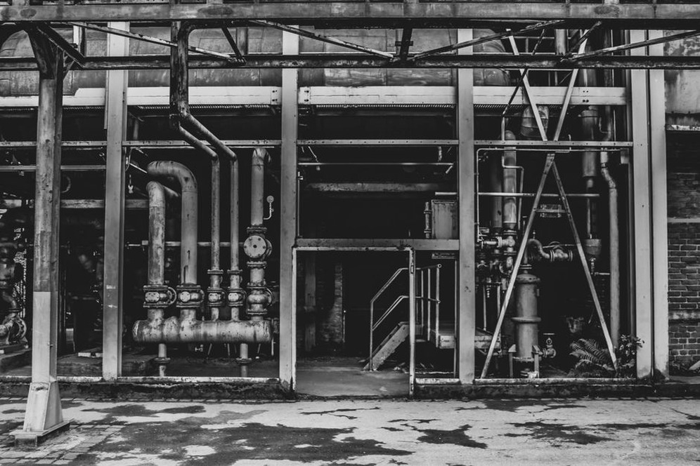 Exposed steel frame inside a former warehouse