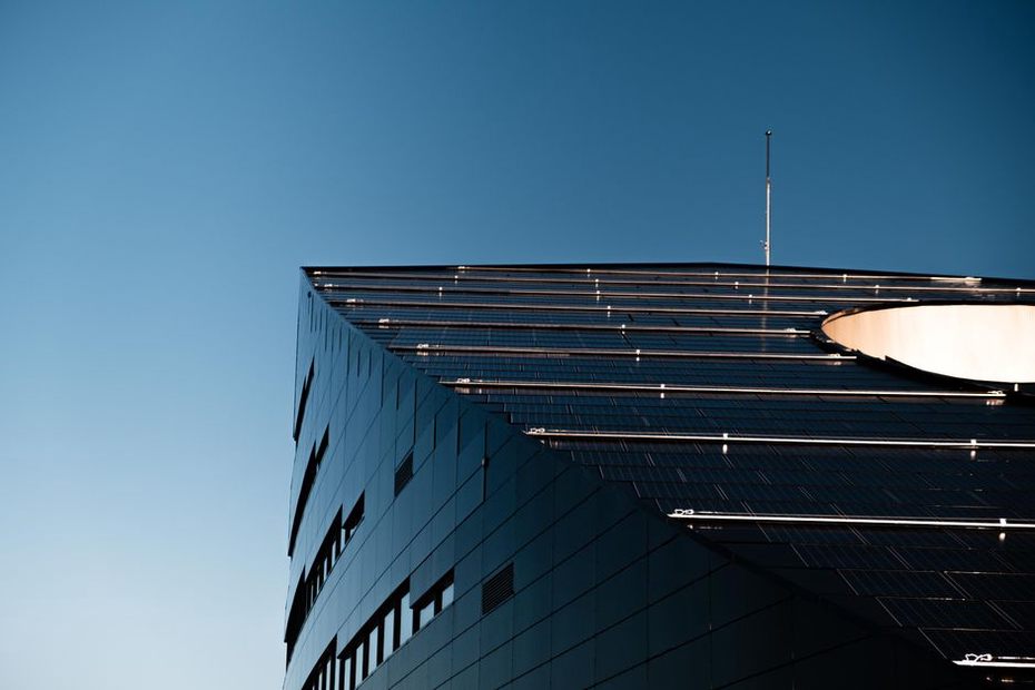 External shading and rooftop solar on a high-performance building