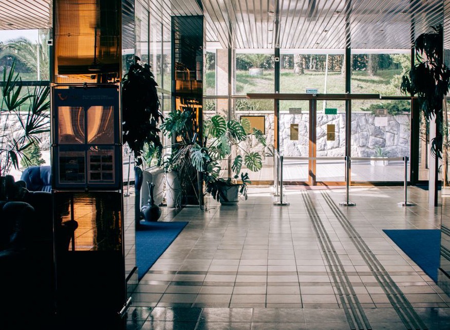 bright hospital hallway with plants and large windows