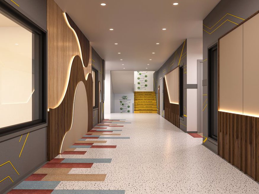 a wide corridor with integrated seating zones and sound-absorbing wall panels in muted primary colors