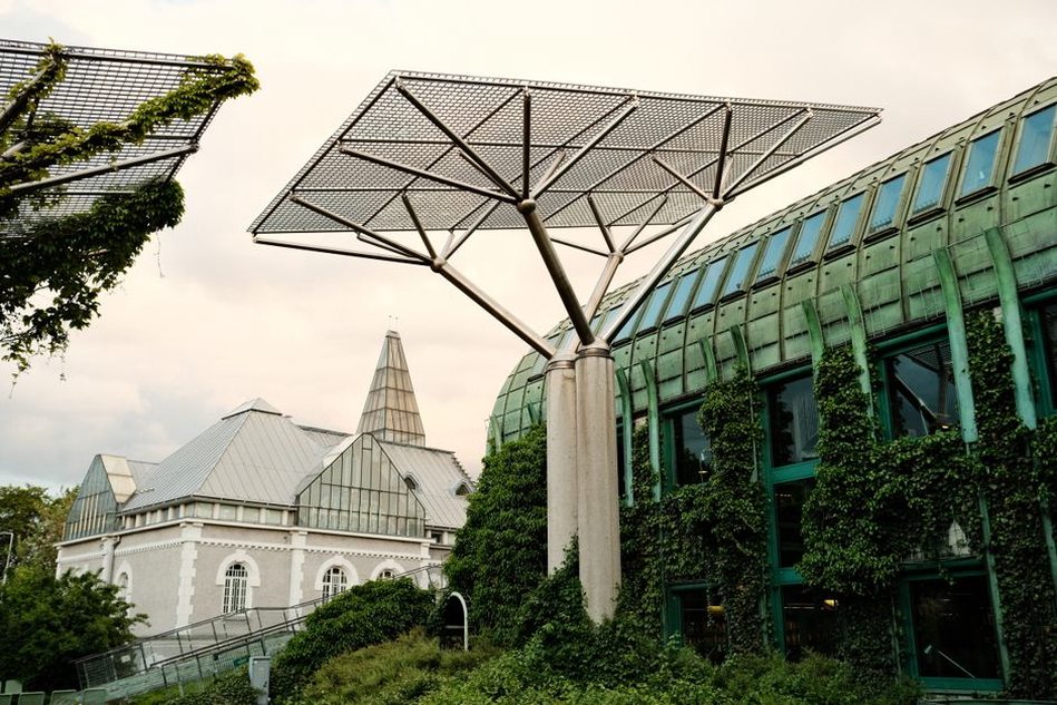 Eco-friendly urban building design with green spaces