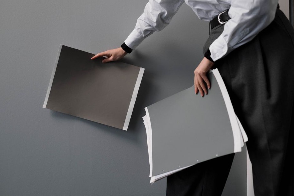 Material samples alongside technical specifications on a desk