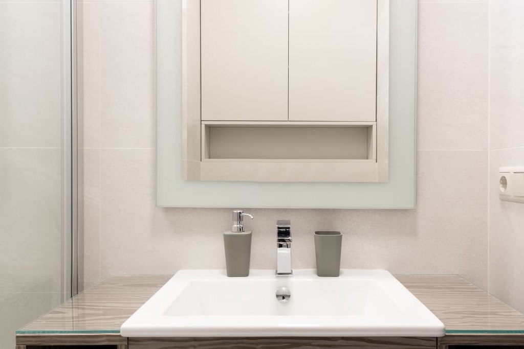 Mirrored cabinet keeps daily items off the basin