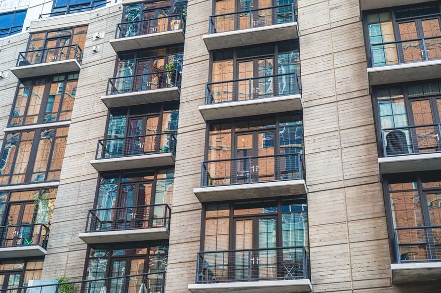 Recessed balconies along a residential facade